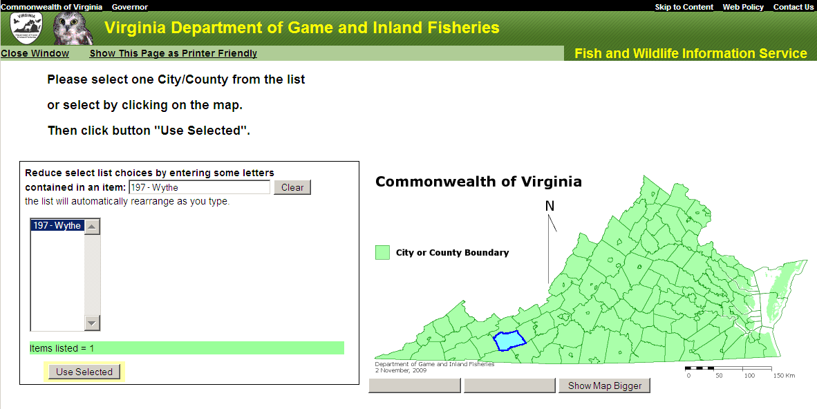 Example image of Unit Selection: Click on map Wythe County.